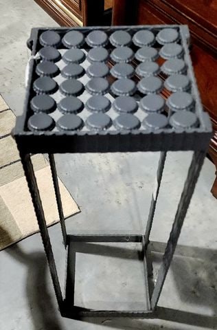 Modern folk art brutalist pedestal made from rebar and bottle caps - 3