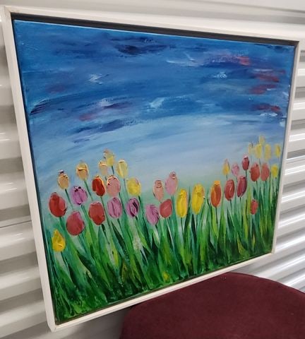 Vibrant impressionist impasto oil painting of tulip field w/ brilliant colors & rich texture. Signed - 2