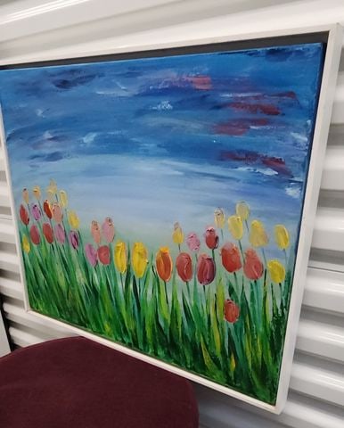 Vibrant impressionist impasto oil painting of tulip field w/ brilliant colors & rich texture. Signed - 3