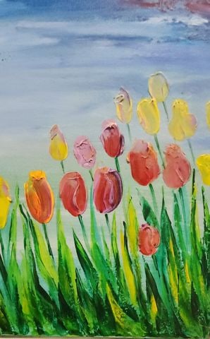 Vibrant impressionist impasto oil painting of tulip field w/ brilliant colors & rich texture. Signed - 4