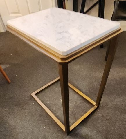 Vintage Deco-Style C-Shaped End Table w/ Set-In Marble Top & Bronze Finished Base. 20W x 14D x 21H - 2