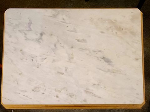 Vintage Deco-Style C-Shaped End Table w/ Set-In Marble Top & Bronze Finished Base. 20W x 14D x 21H - 7