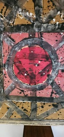 Captivating abstract mid-century brutalist mixed media painting on silk over canvas. 42"x 55" - 2