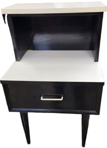 Pair of American of Martinsville mid-century modern end tables w/striking black & white design. 70s - 3