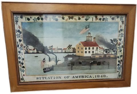 Vintage Iconic Folk Art Print of New York City, "Situation of America, 1848". 35"x 22" Under Glass. - 2