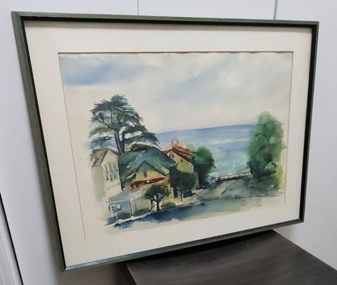 Vintage Original Watercolor Impressionist Painting of Tranquil Coastal Landscape. Signed on Back. - 2
