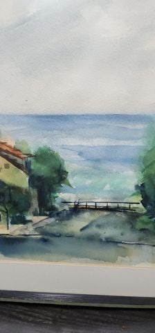 Vintage Original Watercolor Impressionist Painting of Tranquil Coastal Landscape. Signed on Back. - 4