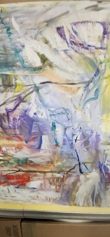 Modernist abstract painting 24"x 24" w/complex imagery and multi-color color palette. SIgned. - 2