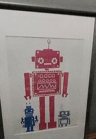 If you love robots, this is for you. Vintage Ikea print of retro-robot family. Facsimile signed. - 2
