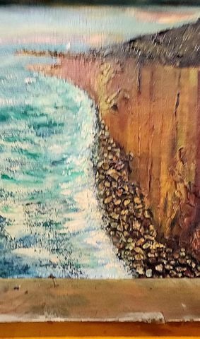 Titled North Coast this 1963 impasto painting captures the sea breaking against imposing rock cliffs - 3