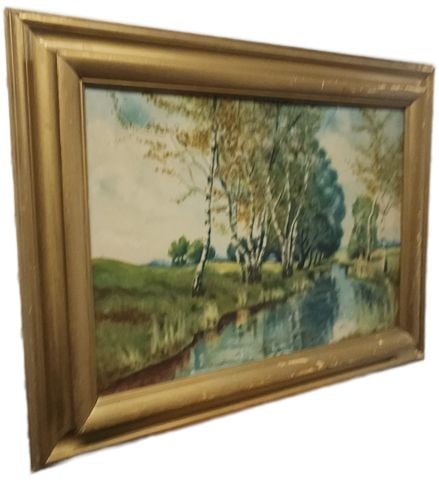 C. Fuini, vintage serene landscape oil painting of stream running through country wooded setting. - 2
