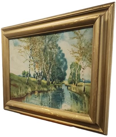 C. Fuini, vintage serene landscape oil painting of stream running through country wooded setting. - 3