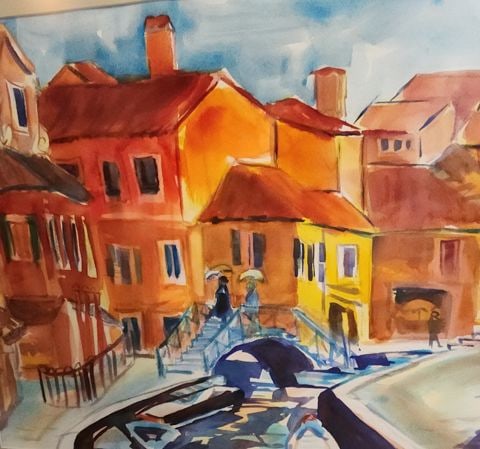 Betty Hall Risner.. Vintage watercolor painting of Venice Italy with canals. Framed under non-glare - 2