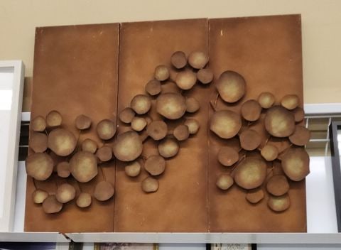 Vintage 30"x 36" Brutalist 3-Panel Wall Sculpture w/ rust patina and relief image of Lilly Pads. - 2
