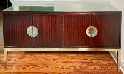 Luxury Hi-Design Bernhardt Jet Set Credenza-Sideboard w/ dark wood & polished gold finish metal base - 4