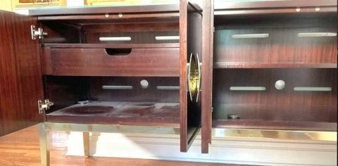Luxury Hi-Design Bernhardt Jet Set Credenza-Sideboard w/ dark wood & polished gold finish metal base - 5