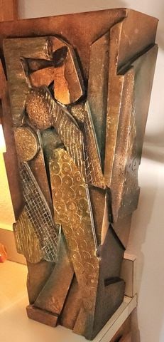 After Paul Evans large rare stunning mid-century carved hand-painted sculptural wood vase 24Hx12Wx6D - 3