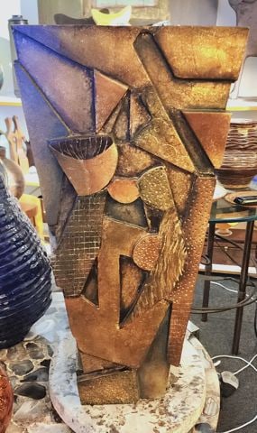 After Paul Evans large rare stunning mid-century carved hand-painted sculptural wood vase 24Hx12Wx6D - 5