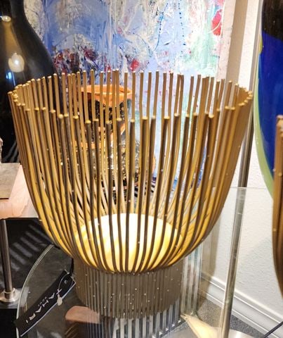 Pair of designer Eli Tahari gold finished caged wire candle holders inspired by Harry Bertoia. - 2