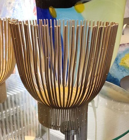 Pair of designer Eli Tahari gold finished caged wire candle holders inspired by Harry Bertoia. - 4