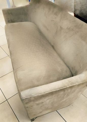Elegant vintage Bauhaus/Deco style 7' sofa by NC Burnhardt Interiors down-filled w/ suede-type - 3