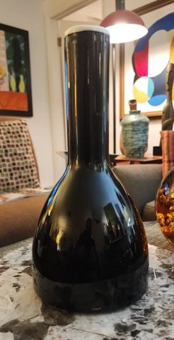 Vintage hand-blown 12"x 6" art glass vase w/ striking black & white composition. (Pontil on bottom.) - 5