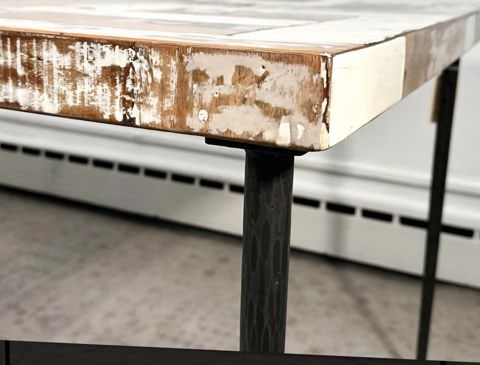 Unique 87"x 39" modern dining table w/ mosaic reclaimed wood lacquered top hand-crafted by Interlude - 4