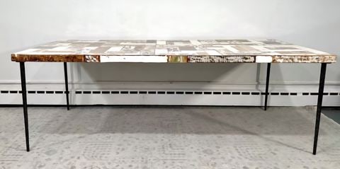 Unique 87"x 39" modern dining table w/ mosaic reclaimed wood lacquered top hand-crafted by Interlude - 5
