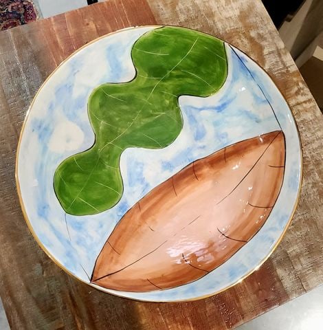Mid-Century Hand-Painted Ceramic Art Bowl w/ organic abstract design. 15" Diameter. Signed, 1968. - 3
