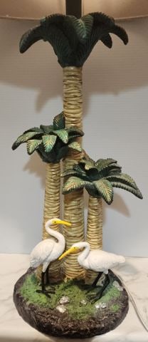 Visit Miami with this beautiful Mid-Century Hand-Painted Ceramic Palm Tree and Crane Lamp - 3
