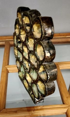 Mid-century brutalist abstract ceramic sculpture w/ great negative space & tessellated form. Signed. - 3