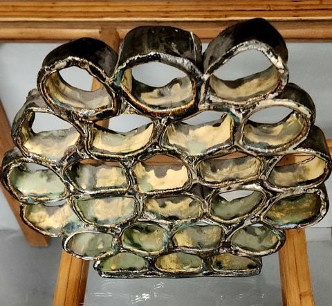 Mid-century brutalist abstract ceramic sculpture w/ great negative space & tessellated form. Signed. - 5