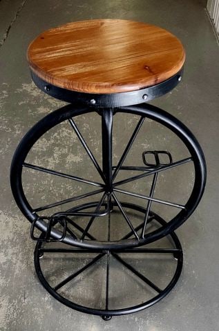 Fantastic vintage handmade iron unicycle style bar stool w/ wooden seat. Perfect for kitchen or den. - 2
