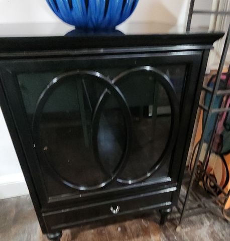 Modern designer deco-style black lacquer cabinet w/ pop-open glass door & bottom drawer. 24w x 18.5 - 6