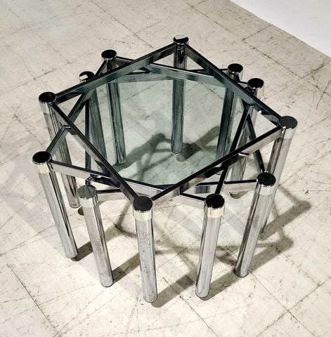 In the style of Milo Boughman, Mid-Century rare set of 3 Designer Glass and Chrome Nesting Tables - 2