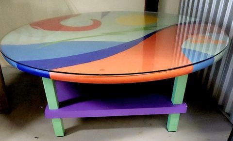 Vintage Designer Memphis Style (44" Diameter) Abstract Hand-Painted Art Coffee Table w/ Glass Top - 2