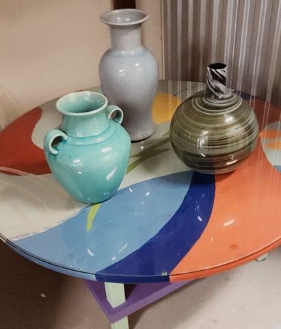 Vintage Designer Memphis Style (44" Diameter) Abstract Hand-Painted Art Coffee Table w/ Glass Top - 3
