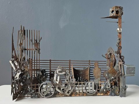 Alfred DiMaio “Securing the Border II” Brutalist Torched Steel Welded Sculpture. 33W x - 2