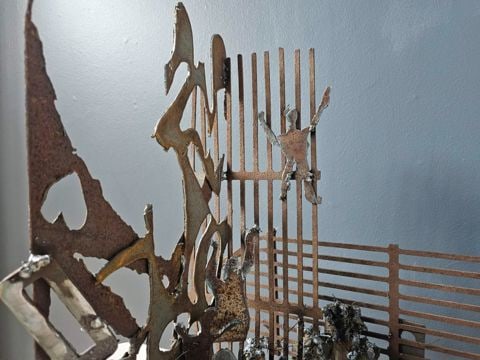 Alfred DiMaio “Securing the Border II” Brutalist Torched Steel Welded Sculpture. 33W x - 4