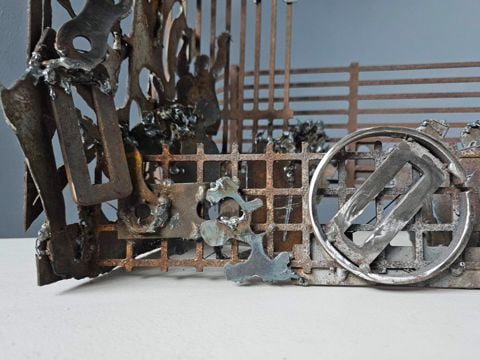 Alfred DiMaio “Securing the Border II” Brutalist Torched Steel Welded Sculpture. 33W x - 7