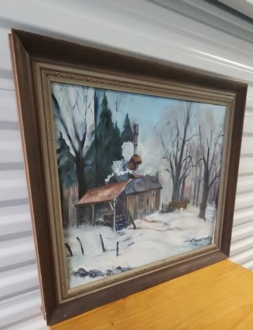 Captivating mid-century impressionist oil painting of snow covered country landscape. Signed.1970s - 2