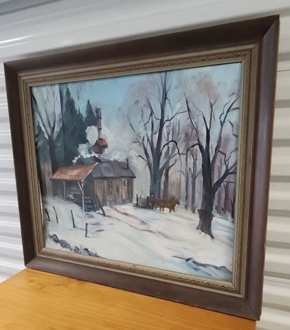 Captivating mid-century impressionist oil painting of snow covered country landscape. Signed.1970s - 3
