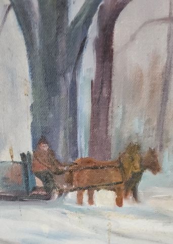 Captivating mid-century impressionist oil painting of snow covered country landscape. Signed.1970s - 5