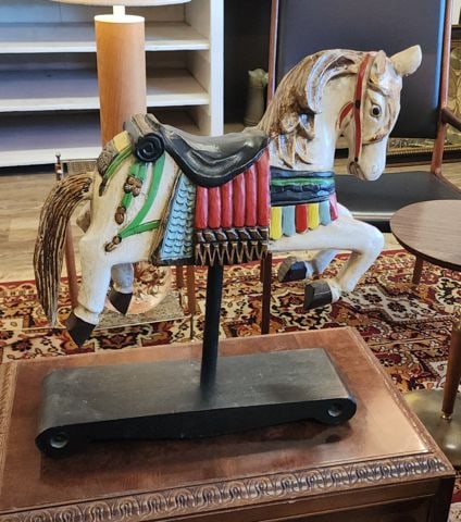 Collectible vintage folk art carved hand-painted wood carousel horse statue w/ vibrant colors. 12x15 - 2