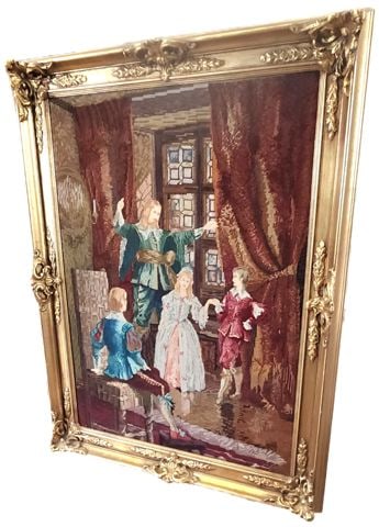 Vintage needlepoint tapestry painting in gilded frame of Baroque 17th Century courtly scene. 36x28" - 2