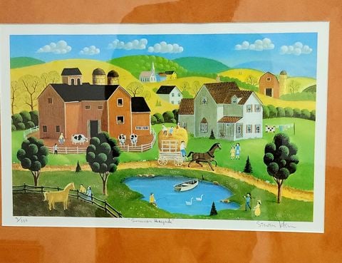 Steven Klein, vintage Ltd. Edition primitive style folk art print Summer Hayride under glass - 2