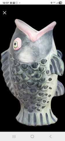 Vintage folk art rare hand-painted ceramic Gluggle fish pitcher jug. - 2