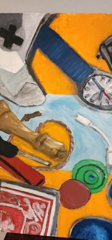 Vintage original abstract expressionist oil painting featuring contrasting objects. - 2