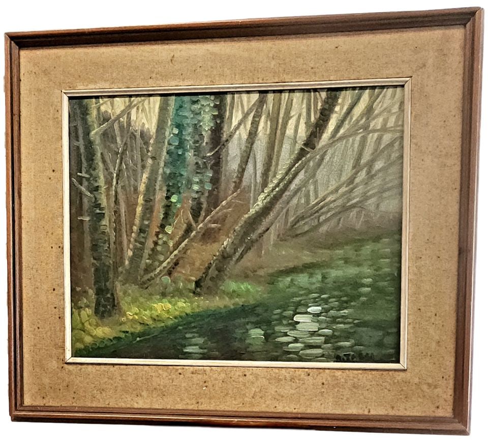 Masterful 1972 impressionist landscape oil painting w/ message from artist on back. (1 of 5)