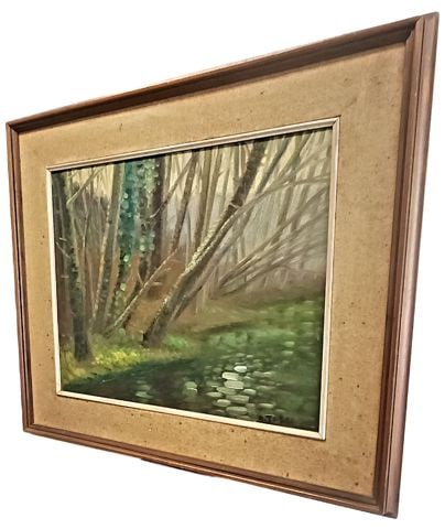 Masterful 1972 impressionist landscape oil painting w/ message from artist on back. - 2